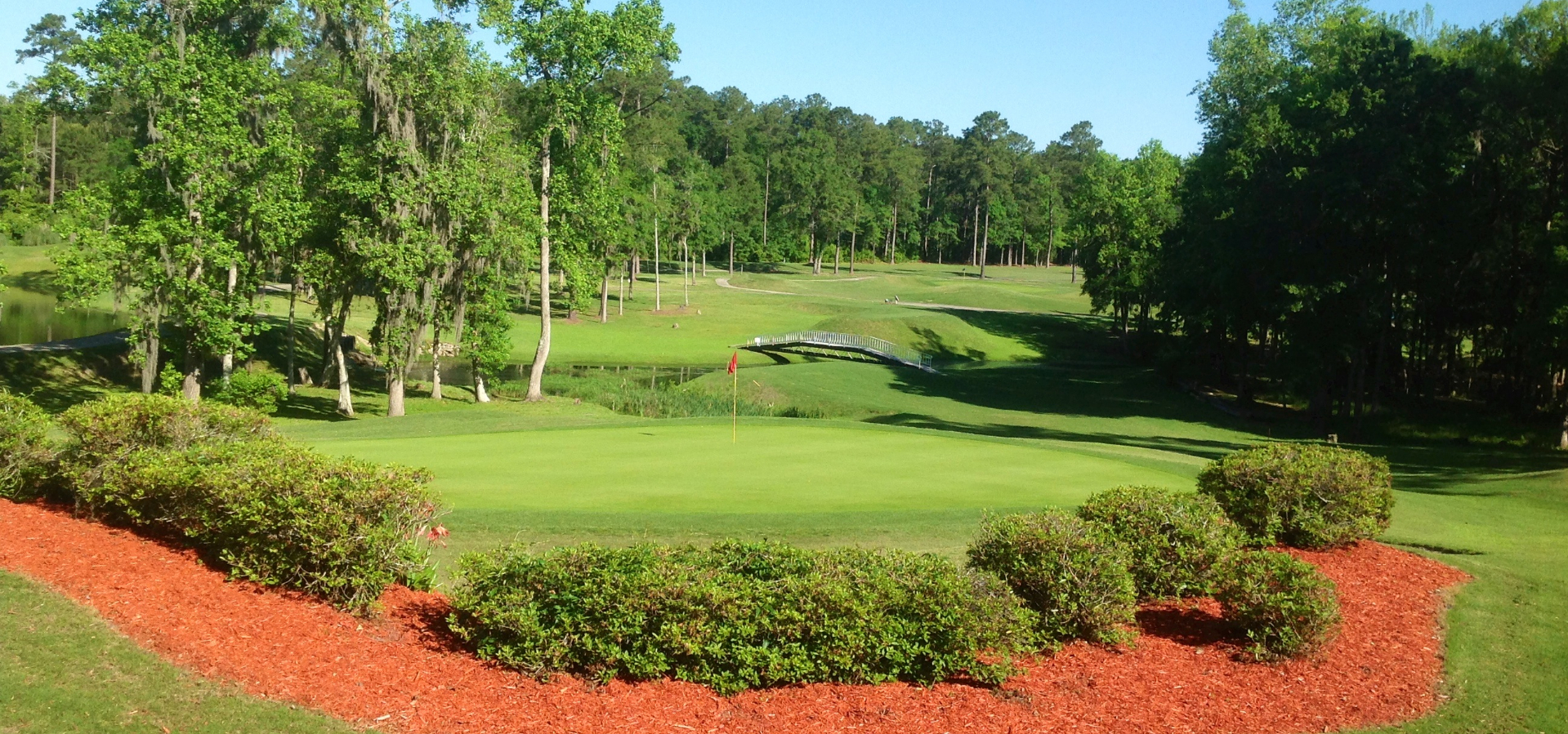 view of golf course green with bright mulch and trees