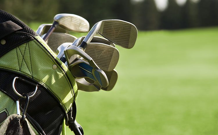 golf clubs in golf bag on golf course green